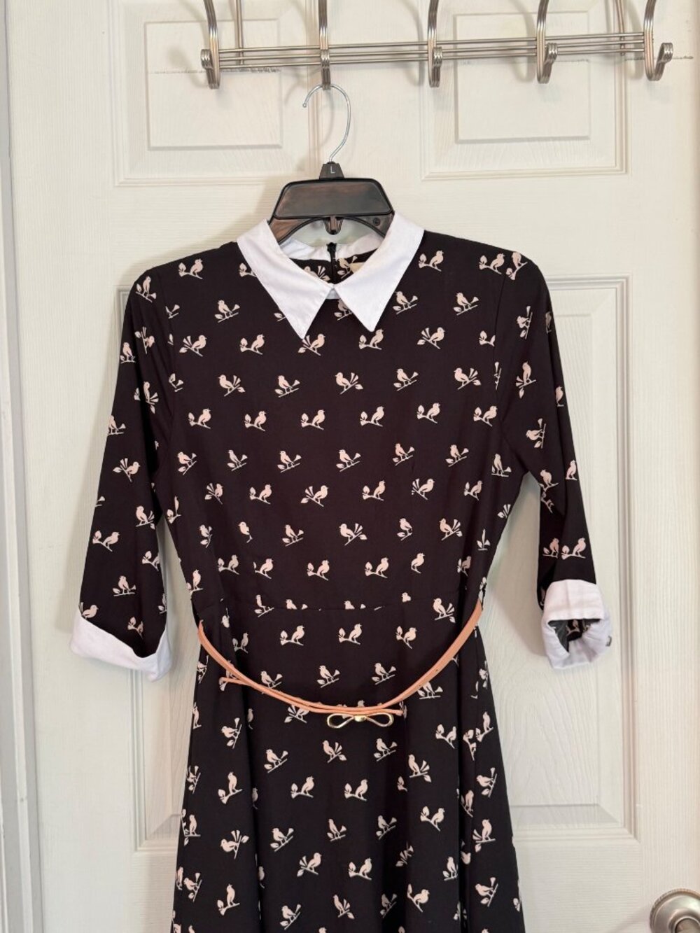 Yumi Bird Print 3/4 Sleeve Navy Blue Mini Length Collared Dress Size 10 - Picture 3 of 9